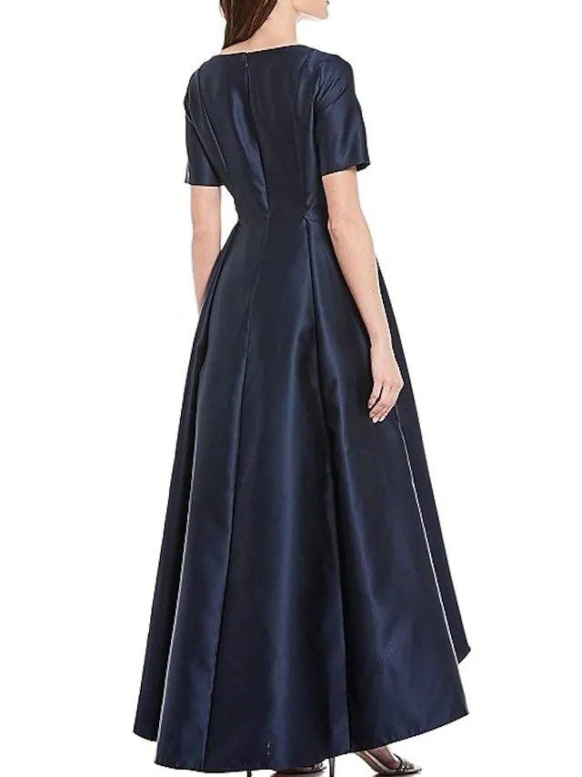 A-Line Mother of the Bride Dress Elegant Illusion Neck Asymmetrical Satin Short Sleeve with Beading Appliques - RongMoon