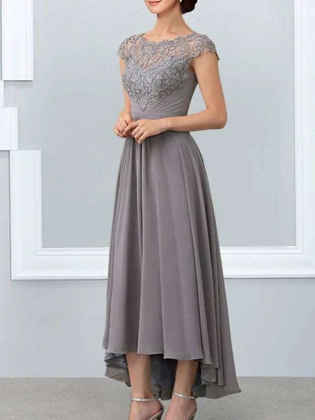 A-Line Mother of the Bride Dress Elegant Jewel Neck Ankle Length Chiffon Lace Sleeveless with Lace Appliques - RongMoon