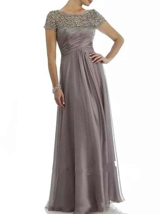 A-Line Mother of the Bride Dress Elegant Bateau Neck Floor Length Chiffon Short Sleeve with Pleats Beading Ruffles - RongMoon