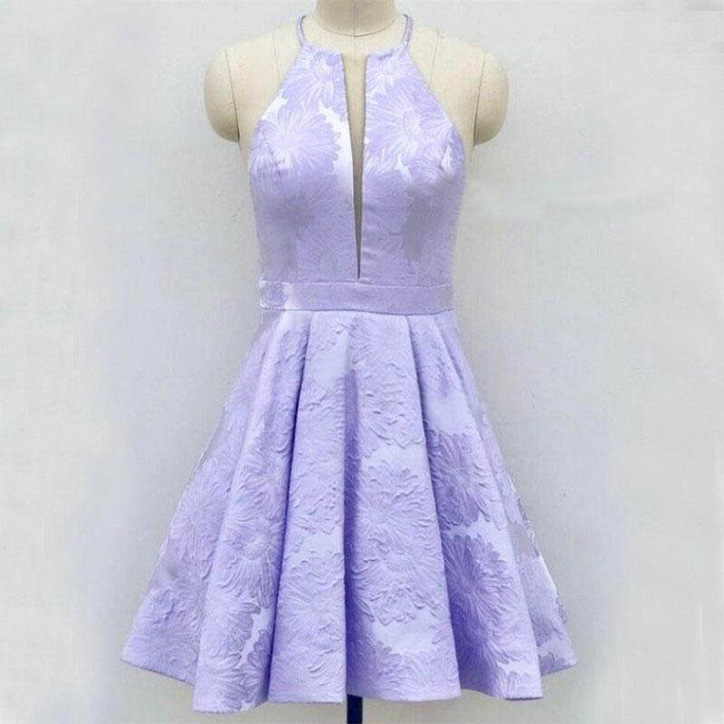 A-Line Above-Knee Lilac Satin Printed Homecoming Dress with Pockets HD0019