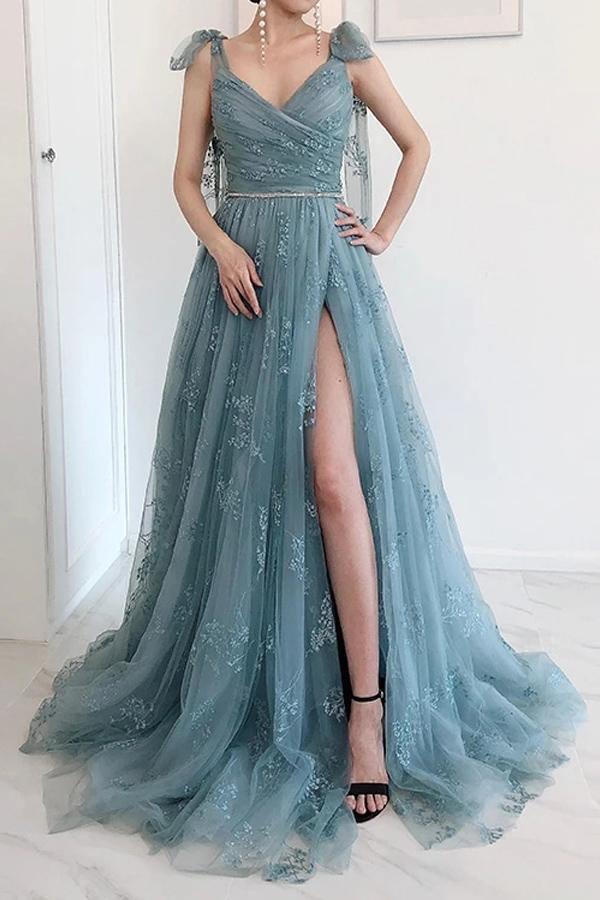 A-Line Bow Tie Straps Party Dress Lace High Split Prom/Formal Dress TP0979