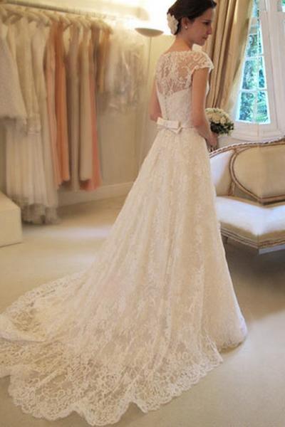A-Line Cap Sleeve Lace Long Custom Wedding Dress  TN0096