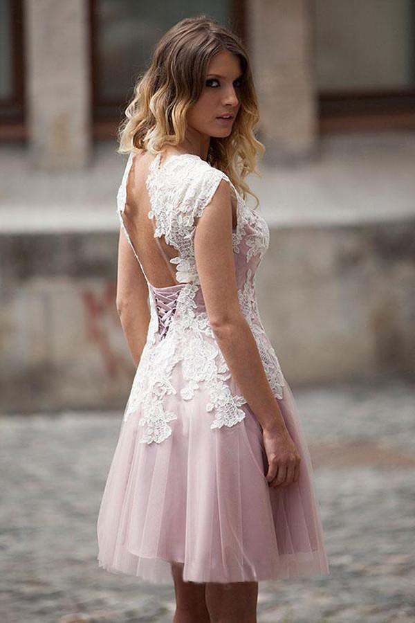 A-Line Crew Knee-Length Backless Tulle Appliques Homecoming Dress   TR0199