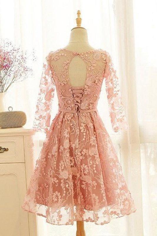 A-Line Crew Knee-Length 3/4 Sleeves Pink Lace Homecoming Dress  TR0194
