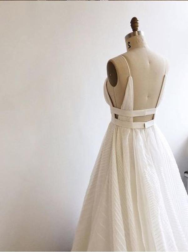 A-Line Deep V-Neck Court train Backless Lace Prom Dress With Sash TP0007