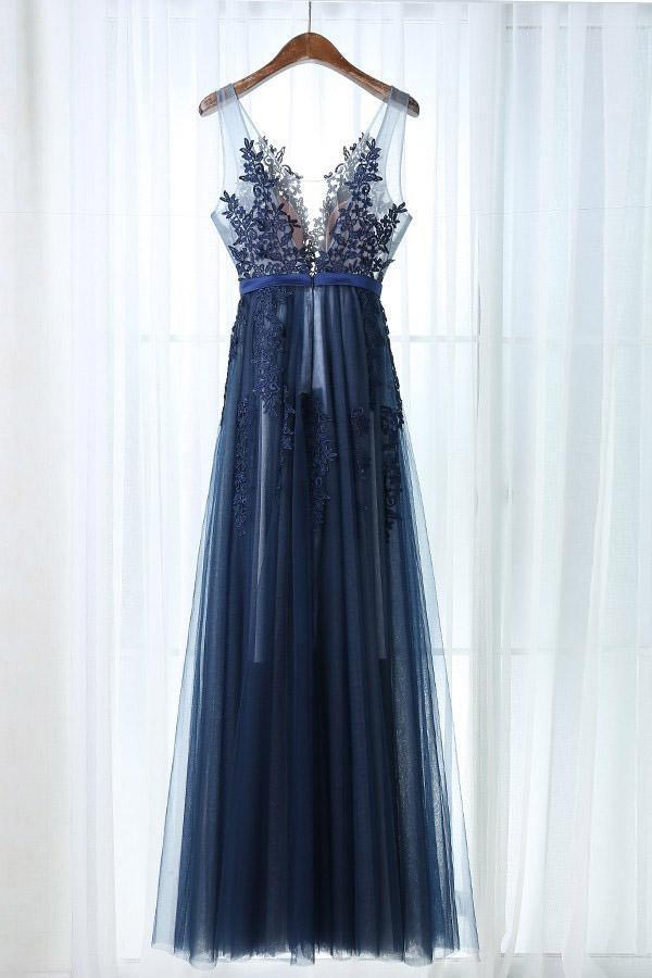 A-Line Deep V-Neck Floor-Length Navy Blue Tulle Prom Dress with Appliques TP0933