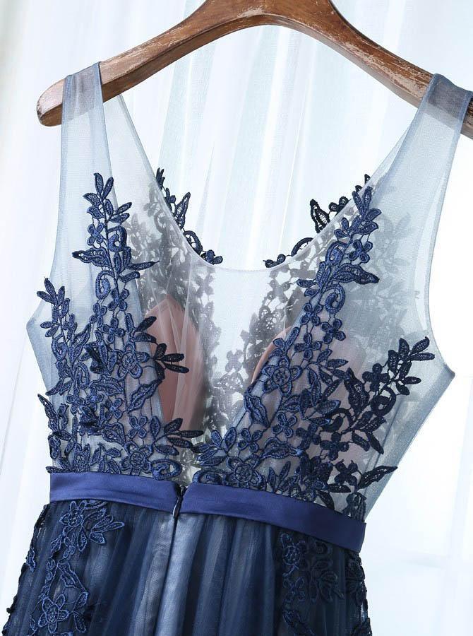 A-Line Deep V-Neck Floor-Length Navy Blue Tulle Prom Dress with Appliques TP0933