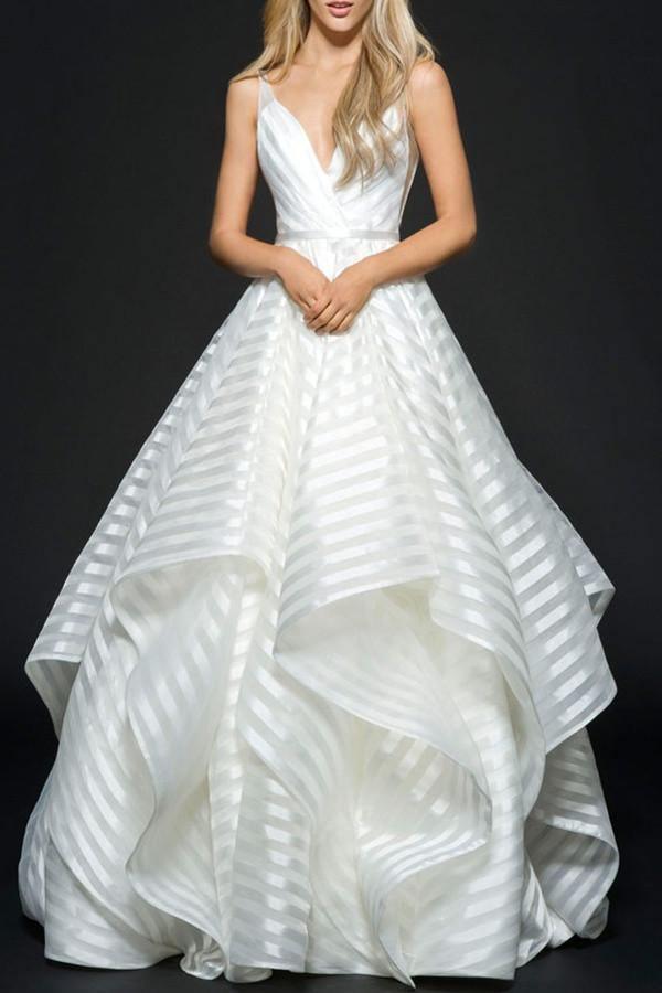 A-Line Deep V-Neck Sleeveless Backless Stripes  Organza Wedding Dress TN0092