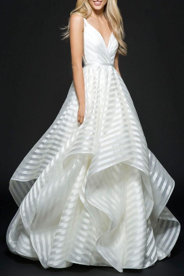A-Line Deep V-Neck Sleeveless Backless Stripes  Organza Wedding Dress TN0092