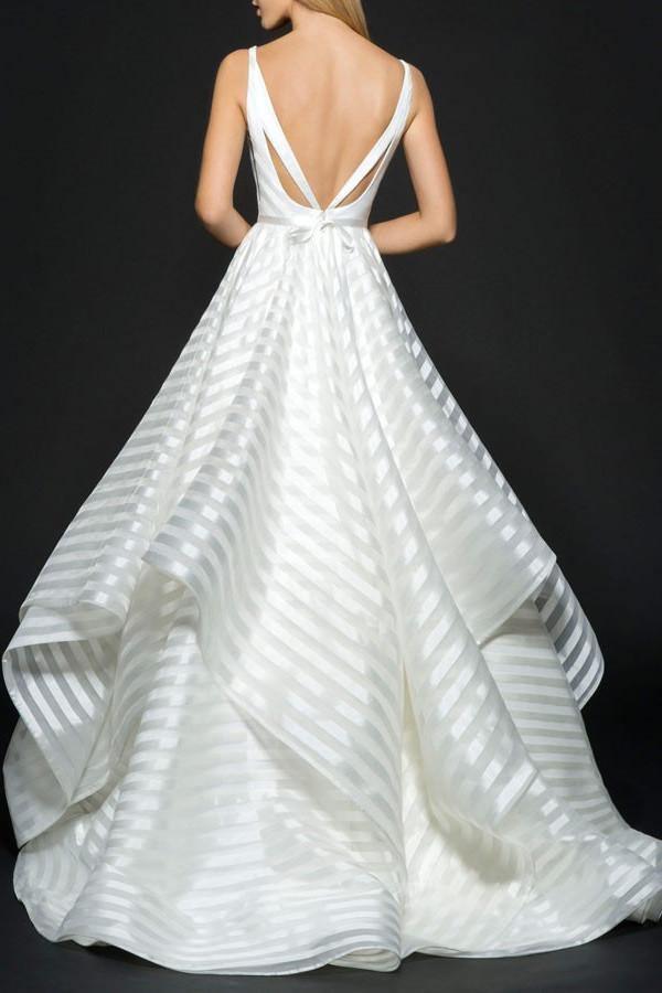 A-Line Deep V-Neck Sleeveless Backless Stripes  Organza Wedding Dress TN0092