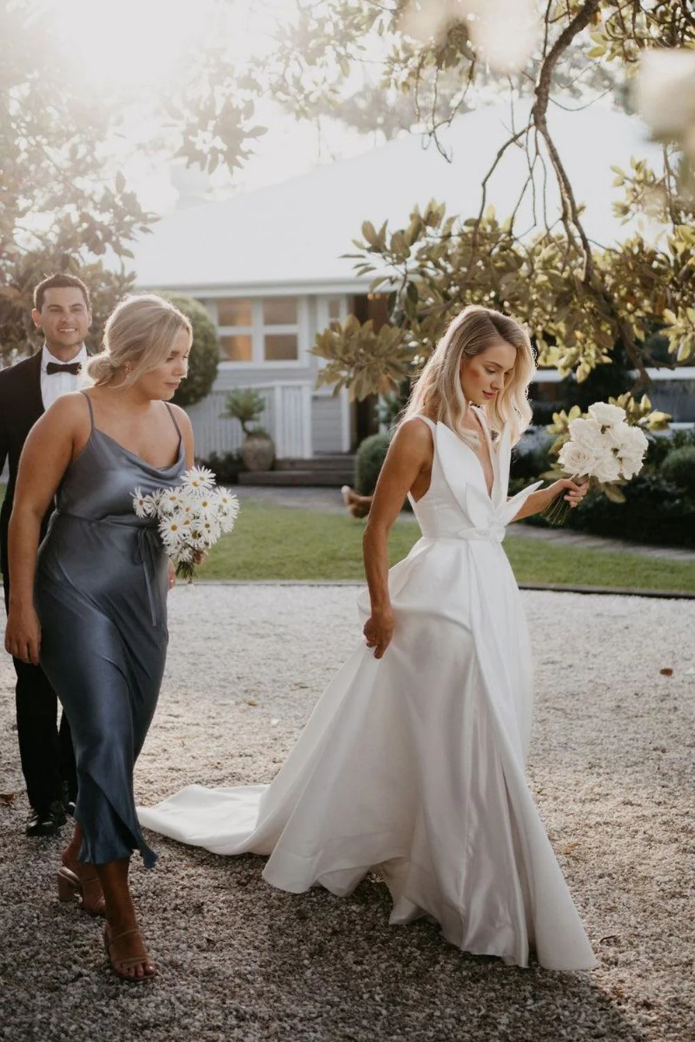 A Line Deep V Neck Slit Wedding Dress with Bowknot