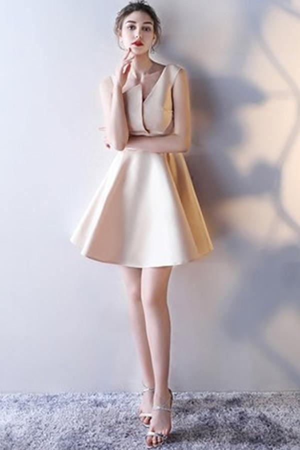 A-Line Deep V-Neck Straps Short Sleeveless Khaki Homecoming Dress TR0190