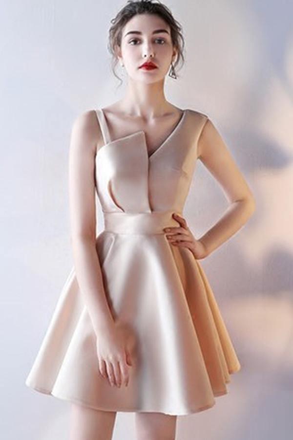 A-Line Deep V-Neck Straps Short Sleeveless Khaki Homecoming Dress TR0190