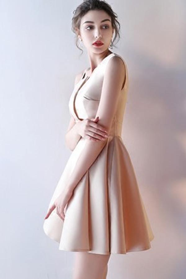 A-Line Deep V-Neck Straps Short Sleeveless Khaki Homecoming Dress TR0190