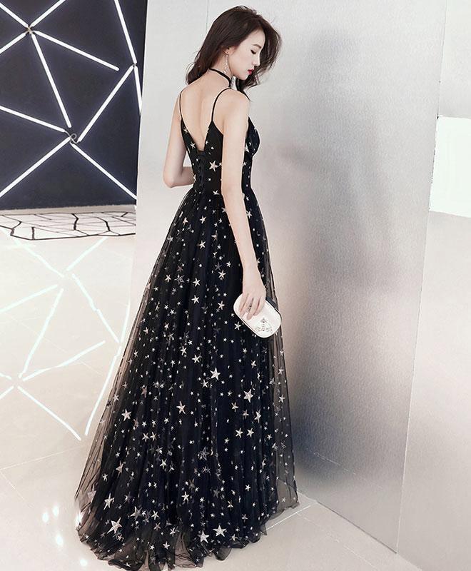 A-Line Floor-Length Star Lace Beautiful Long Black Prom Formal Dress TP1062