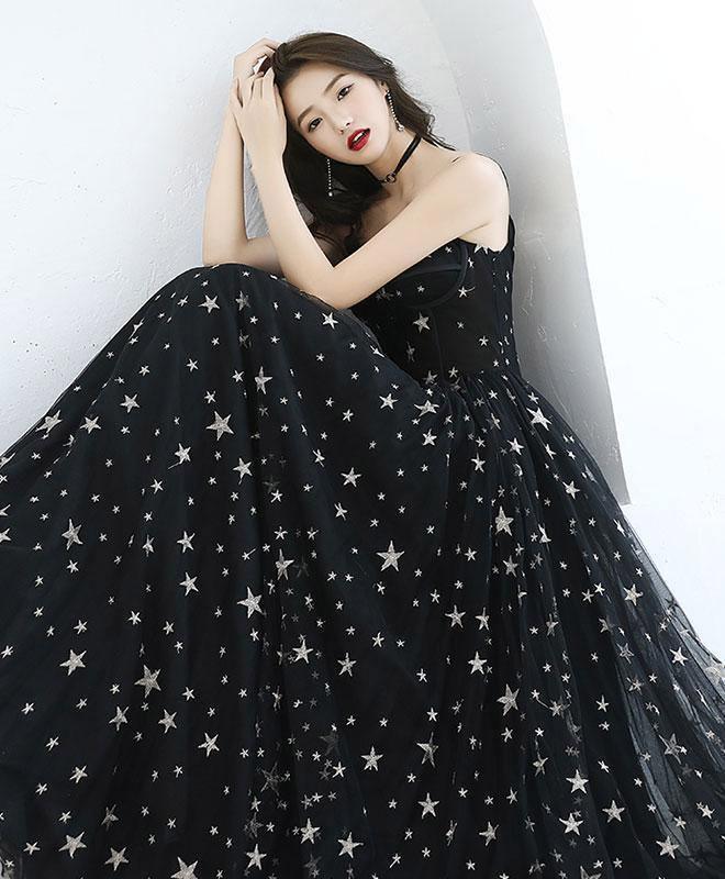 A-Line Floor-Length Star Lace Beautiful Long Black Prom Formal Dress TP1062