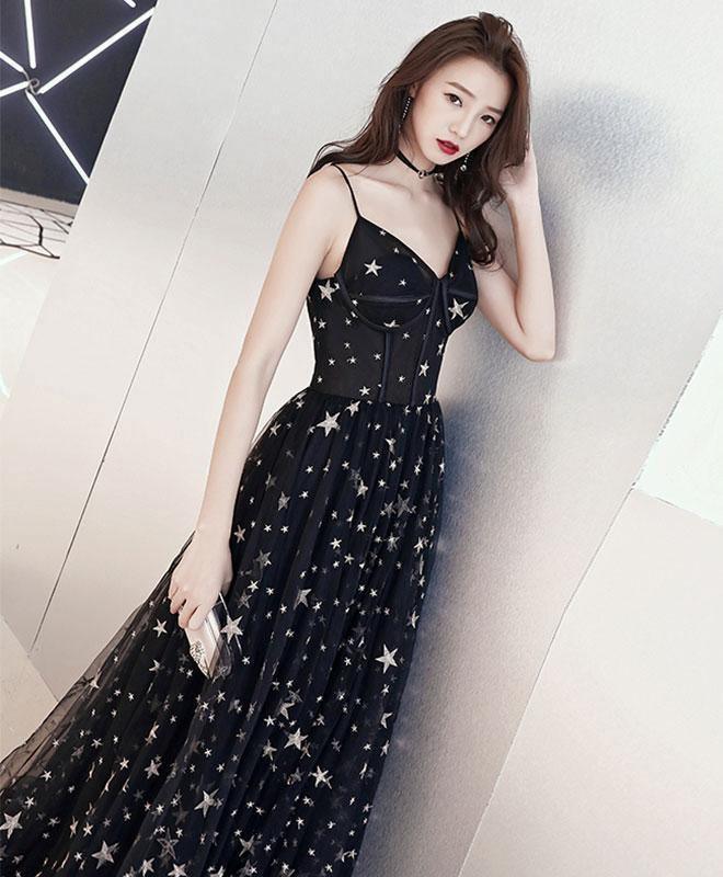 A-Line Floor-Length Star Lace Beautiful Long Black Prom Formal Dress TP1062