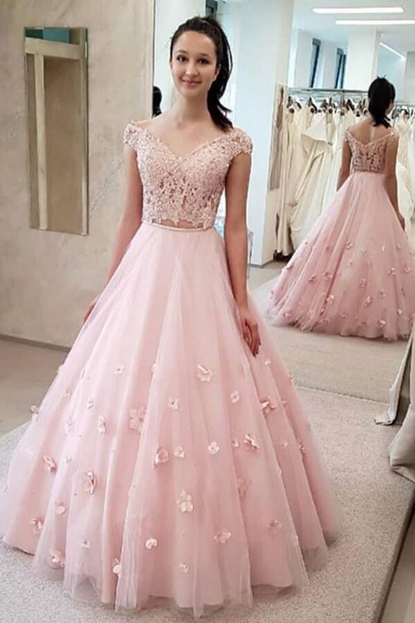 A-Line 3D Flower Junior Prom Dresses Lace Two Piece Prom Evening Gown TP1017