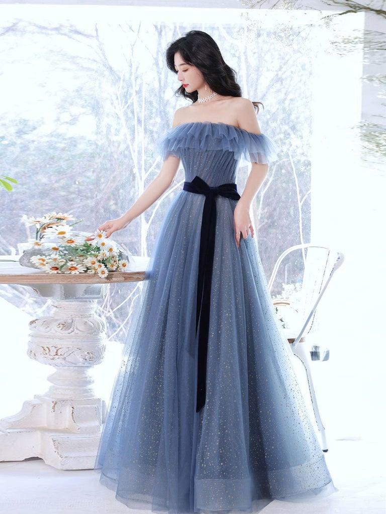 A-Line Gray Blue Off The Shoulder Long Prom Dress Sparkly Evening Dress TP1068