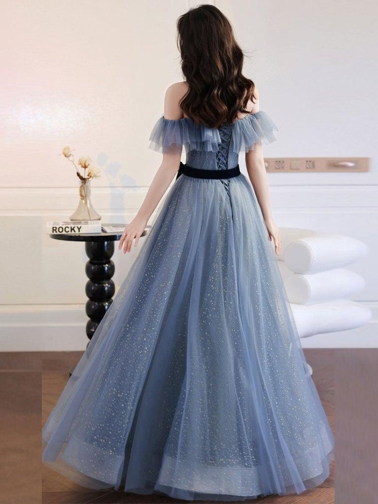 A-Line Gray Blue Off The Shoulder Long Prom Dress Sparkly Evening Dress TP1068