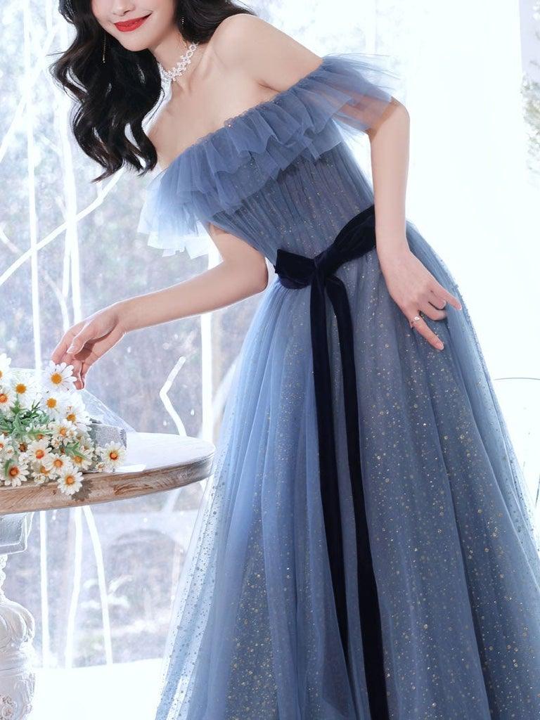 A-Line Gray Blue Off The Shoulder Long Prom Dress Sparkly Evening Dress TP1068