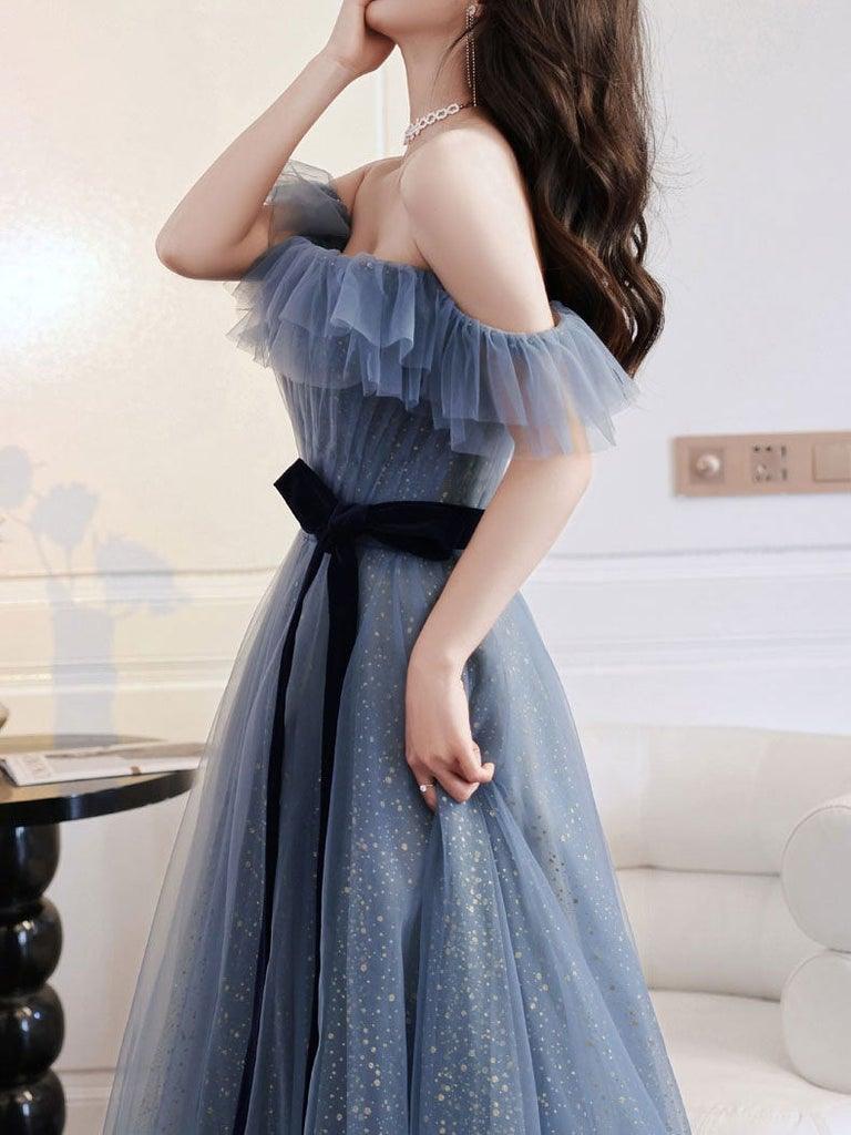 A-Line Gray Blue Off The Shoulder Long Prom Dress Sparkly Evening Dress TP1068