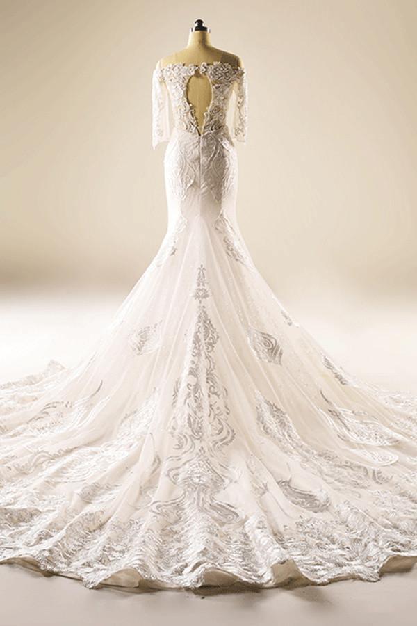 A-Line Half Sleeve Mermaid Lace Beaded Wedding Dress With Appliques TN0098