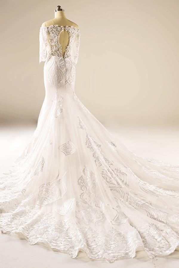 A-Line Half Sleeve Mermaid Lace Beaded Wedding Dress With Appliques TN0098