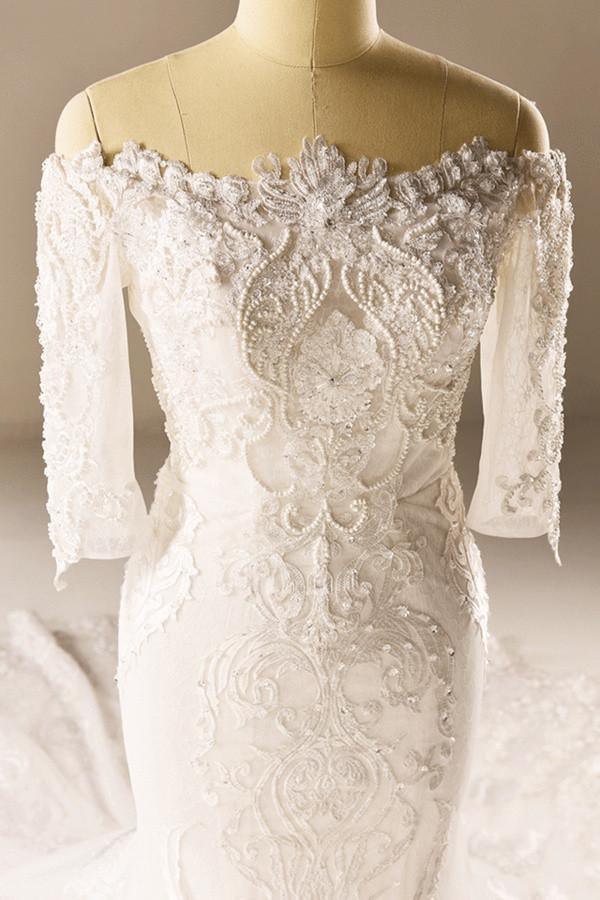 A-Line Half Sleeve Mermaid Lace Beaded Wedding Dress With Appliques TN0098