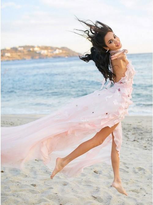 A-Line Halter Backless Light Pink Chiffon Beach Wedding Dress with Appliques Ruffles TN253