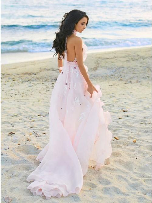 A-Line Halter Backless Light Pink Chiffon Beach Wedding Dress with Appliques Ruffles TN253