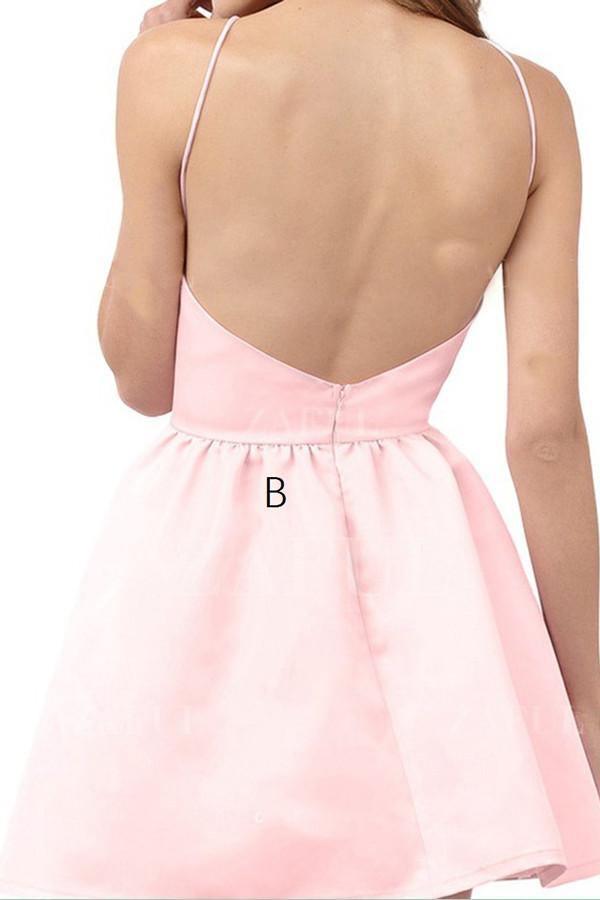 A-Line Halter Backless Short Pearl Pink Satin Homecoming Dress TR0165