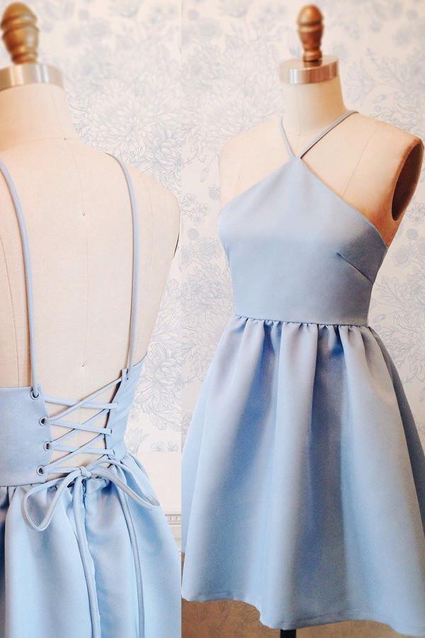 A-Line Halter Lace-Up Short Blue Satin Homecoming Dress  TR0195