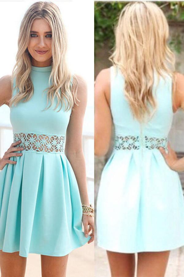 A-Line High Neck Short Blue Spandex Homecoming Dress With Lace TR0127