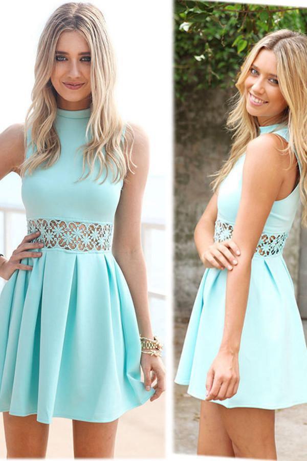 A-Line High Neck Short Blue Spandex Homecoming Dress With Lace TR0127