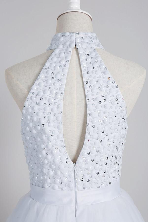 A-Line High Open Back White Short Tulle Homecoming Dress With Beading TR0164