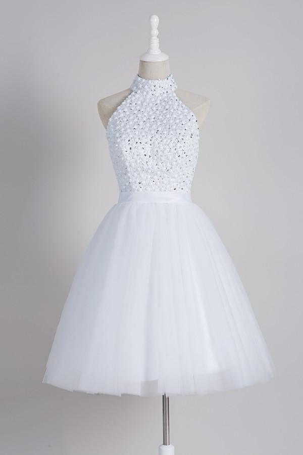 A-Line High Open Back White Short Tulle Homecoming Dress With Beading TR0164