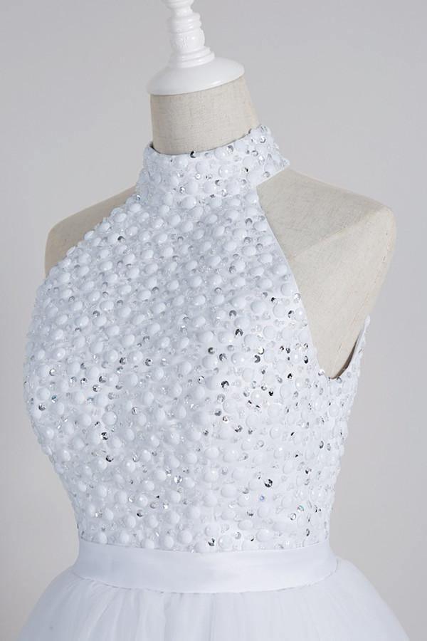 A-Line High Open Back White Short Tulle Homecoming Dress With Beading TR0164