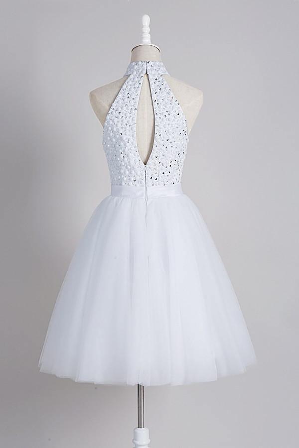 A-Line High Open Back White Short Tulle Homecoming Dress With Beading TR0164