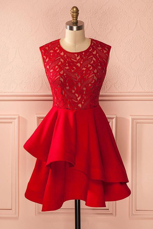 A-Line Jewel Short Red Satin Homecoming Dress with Lace Ruffles  PG117