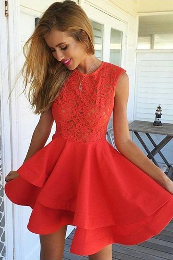 A-Line Jewel Short Red Satin Homecoming Dress with Lace Ruffles  PG117