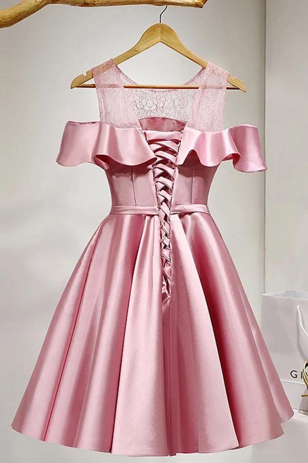 A-Line Knee-Length Cold Shoulder Pink Satin Homecoming Dress With Lace TR0178