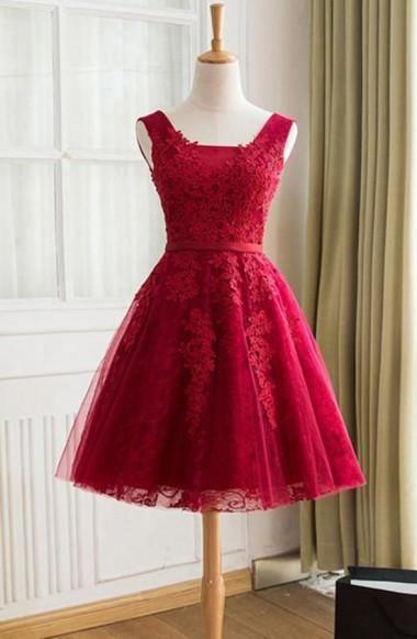 A-Line  Knee-Length Red Tulle Homecoming Dress With Appliques TR0185
