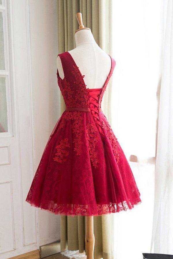 A-Line  Knee-Length Red Tulle Homecoming Dress With Appliques TR0185
