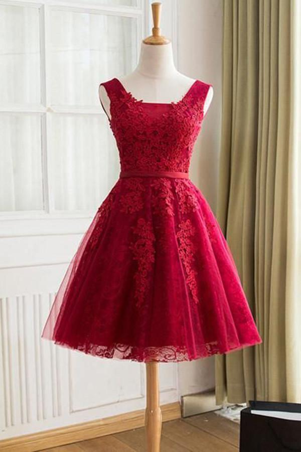 A-Line  Knee-Length Red Tulle Homecoming Dress With Appliques TR0185