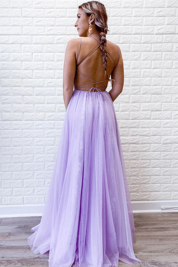 A-Line Lavender Spaghetti Straps Appliques Long Prom Dress with Slit  TP1121