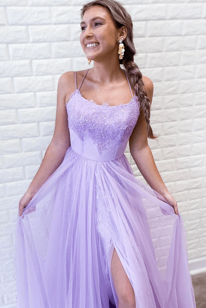 A-Line Lavender Spaghetti Straps Appliques Long Prom Dress with Slit  TP1121