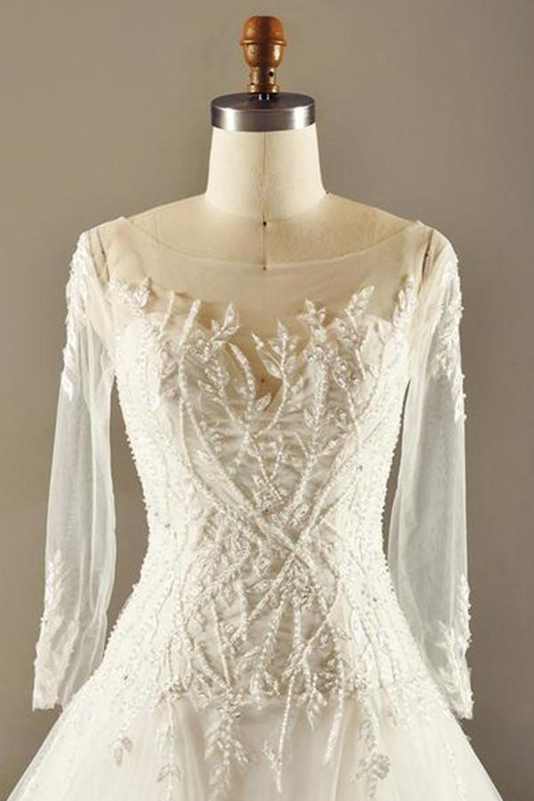 A-Line Long Sleeve Waist Lace Beaded Wedding Dress Court Train TN0099