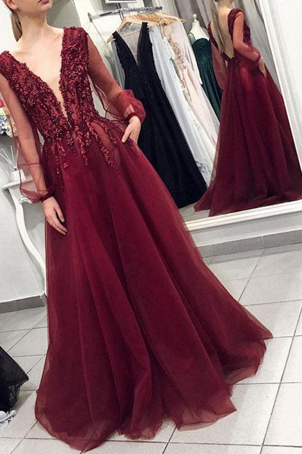 A-Line Long Sleeves V-neck Lace Applique Tulle Prom Dresses TP0822