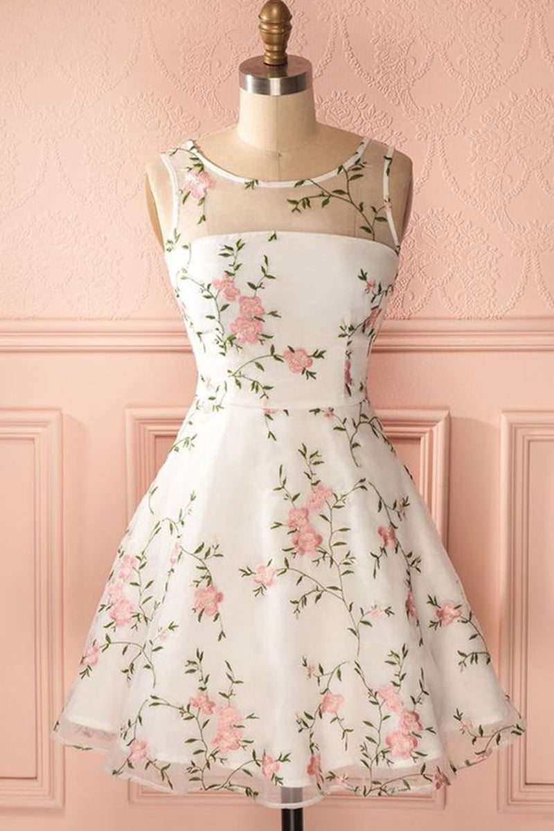 A Line Round Neck Floral Lace White Short Prom Dresses, Lace Appliques White Homecoming Dresses, White Formal Dresses, Evening Dresses